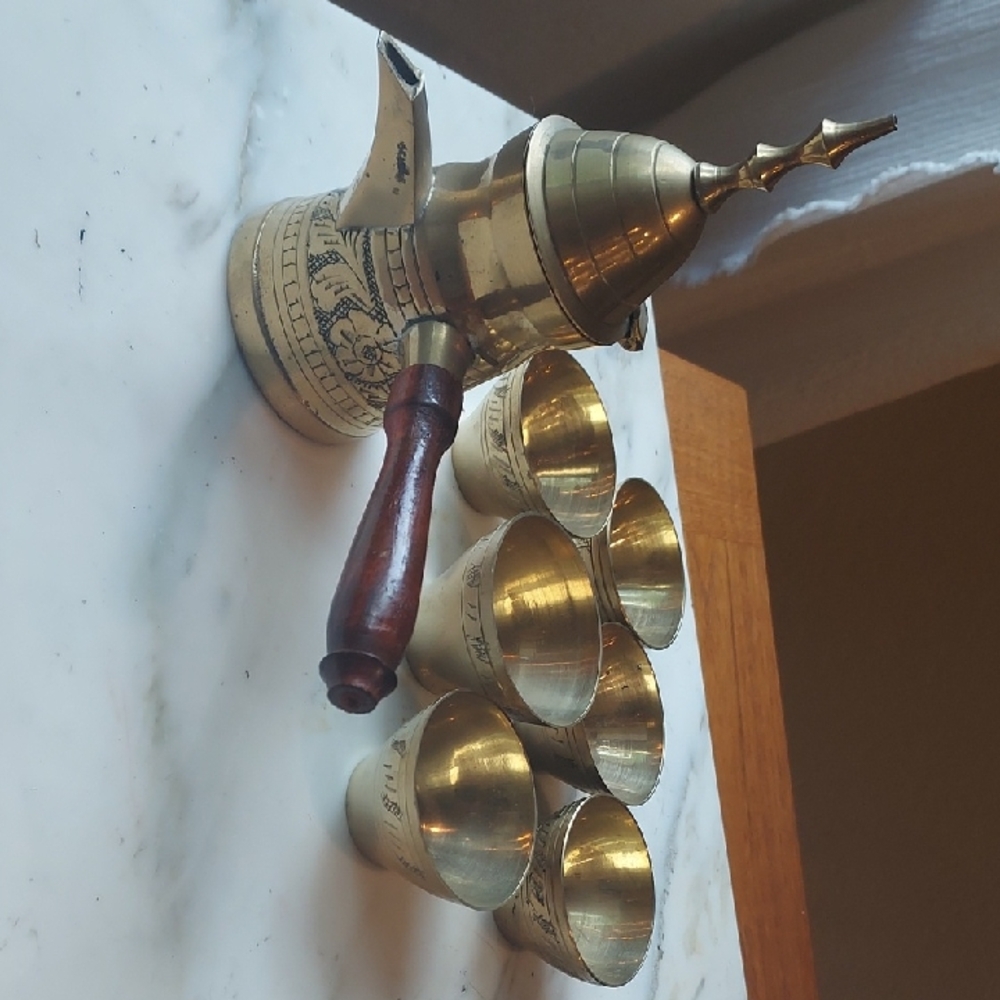 Vintage Turkish Brass Coffee Set with Wooden Handle And 6 Teacups